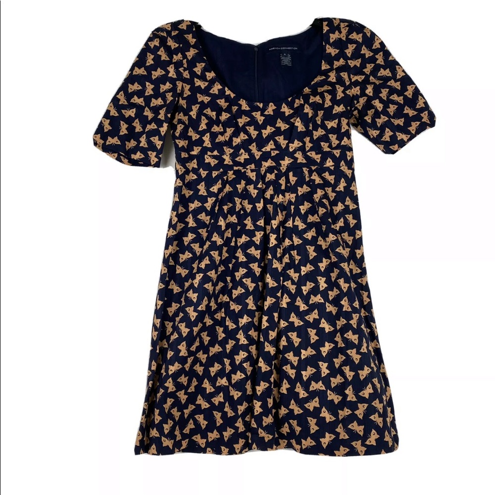 French Connection Women’s Butterfly Dress Fit & Flare Size 6 Blue Brown Cotton